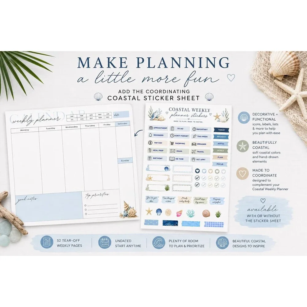 Undated Coastal Weekly Planner, 52 Week Tear-Off Desk Organizer (8.5